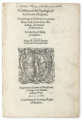 JEWEL, JOHN, Bishop of Salisbury. A Defence of the Apologie of the Churche of Englande.  1567